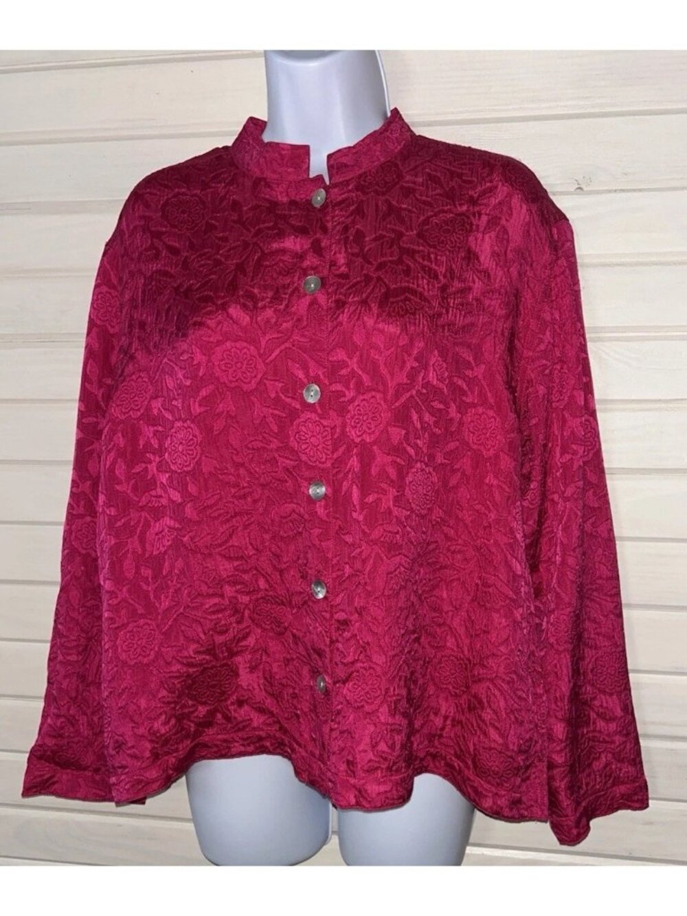 VTG Chicos Sz 1 (MEDIUM) Fuchsia Pink Silk Shirt Jacket Floral Jacquard L/S EUC